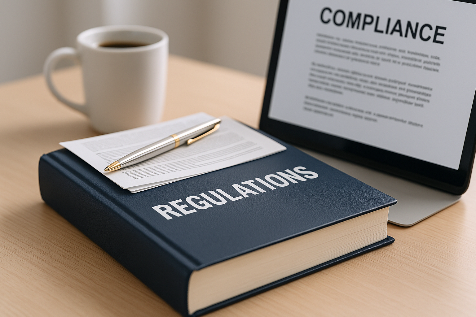 Legal paperwork and compliance documents on desk