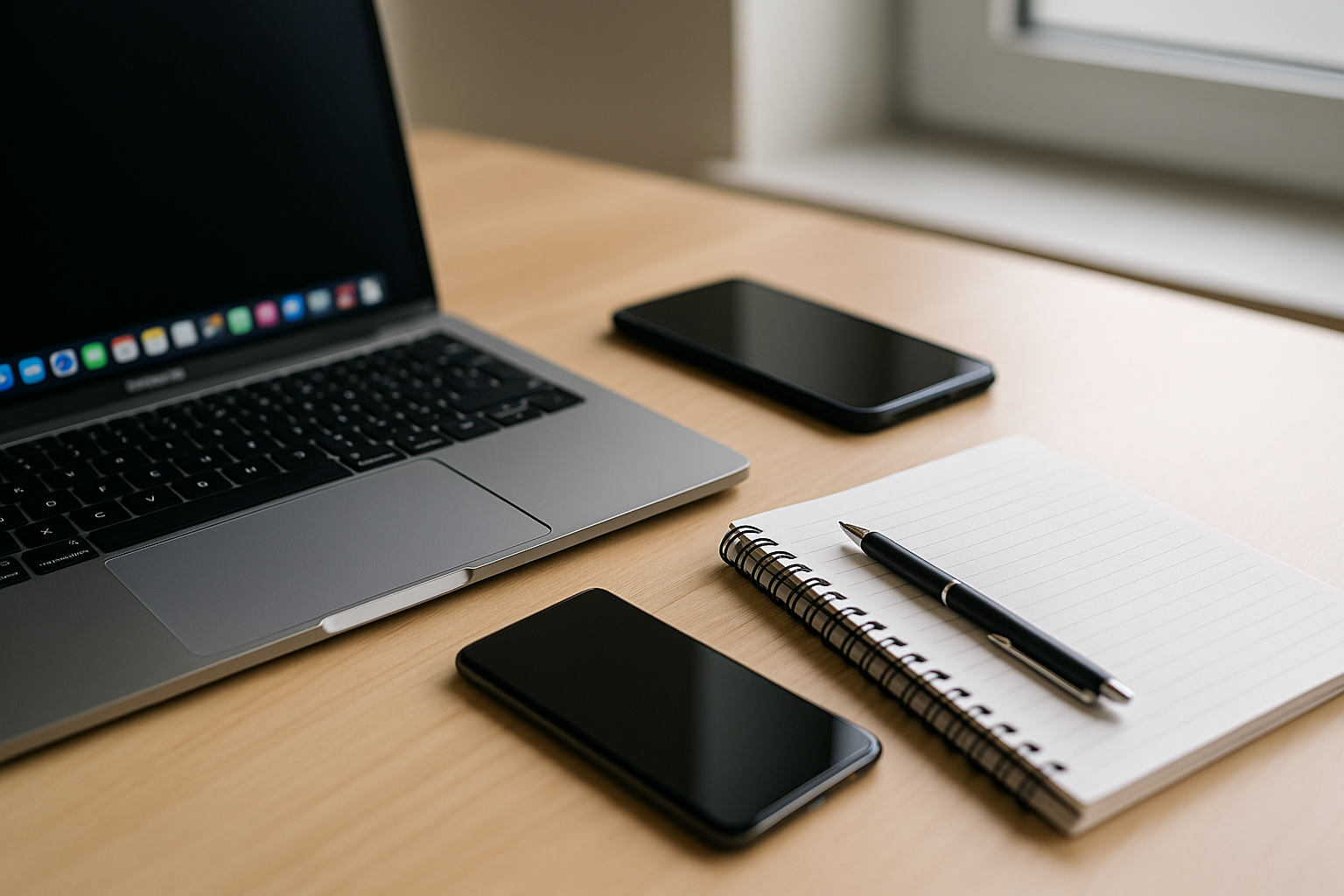 Bright modern office desk with laptop, phone, and notepad