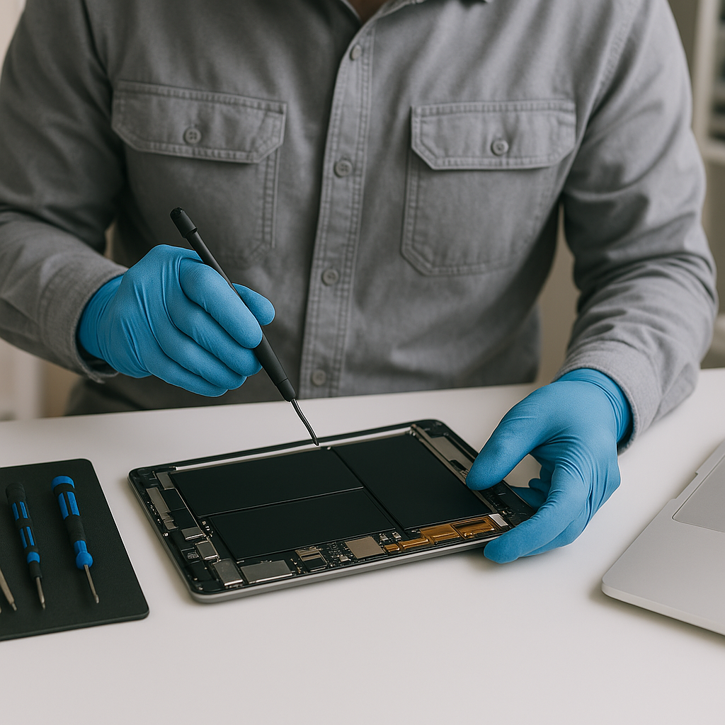 Technician repairing an iPad with precision tools